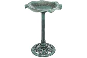 CHRISTOW Plastic Resin Bird Bath for Garden, Leaf Shaped Pedestal Birdbath, Traditional Style, Rustic Metal Effect, Standing Outdoor Water Bowl, 60cm x 43cm x 43cm (Green)