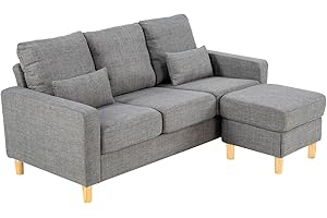 Hroth 3 Seater Sofas, Fabric Sectional Sofa with Storage Ottoman and 2 Pillows, Thick Cushions, High Weight Capacity, L Shape Recliner Settee for Living Room, Bedroom, Office, Light Grey