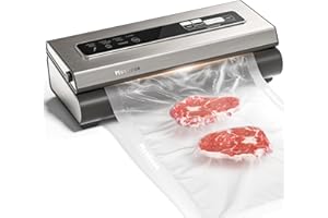 Macchina Sottovuoto Mesliese Potente 90Kpa Precisione 6 in 1 Sistema di Conservazione degli Alimenti Sottovuoto, 2 Rotoli di Sacchetti e 5 Sacchetti Pretagliati, Modalità a Secco e Umido (Argento)