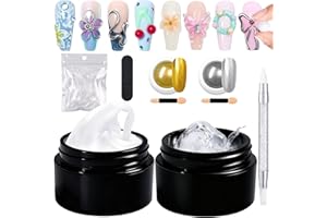 GZMAYUEN Gel 3D Nail Art Set - 2Pcs Transparent Blanc Solid Sculpture Builder Gel D'extension d'ongle pour Ongle Construction, 2Pcs Poudre Chrome Ongle Or Argent