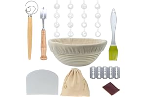 Kinsinder Cestino Rotondo Prova Pane, Cestino Lievito Naturale, Strumento Cottura Ciotola in Rattan Naturale con Fodera Panno/Agnello Pane/Frusta/Raschietto Pasta/Stencil Decorativi