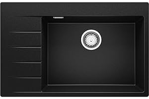 Fregadero Cocina 78 x 50 cm, Fregadero Granito Un Seno + Sifón Clásico, Fregadero Empotrado con Escurridor Sydney 780 Cargo de Primagran, Negro