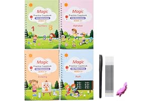 BQSHX 4 Pieces Magic Practice Copybook, Reusable Grooved Practice CopyBook, English Math Alphabet Drawing Tracing Handwriting Book Set for Kids, with 1 Pen 5 Refills & 1 Grips/1 Pen 10 Refills & 1 Grips (C)
