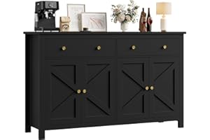 FirFurd Aparador Cocina Grande con Encimera, Aparador Comedor, Mueble Auxiliar de Cocina, Mueble Entrada Recibidor, Salón, con 2 Cajones, 4 Puertas, Estantes Ajustables (Negro)
