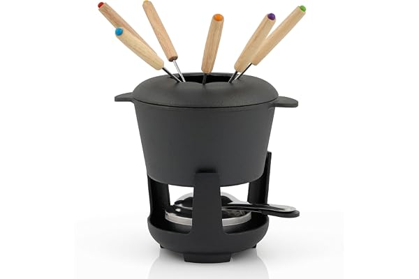 BBQ-TORO Service à Fondue en Fonte pour 6 Personnes (Noir/déjà brûlé) | 1 Litre | Service à Fondue | 13 pièces avec brûleur et fourchettes