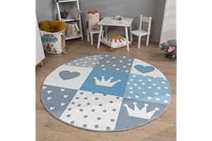 ‎TT HOME TT Home Kinderzimmerteppich Teppich Junge Mädchen Kinderteppich Baby Herzen Pastell, Farbe:Grau Blau Creme, Größe:160 cm Rund