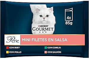 GOURMET Perle Mini Filetes en Salsa, Comida Húmeda para Gato Adulto, Trocitos en Salsa, Surtido de Buey, Pollo, Conejo y Salmón, 12 Packs de 4 Sobres de 85 g. (48 sobres)