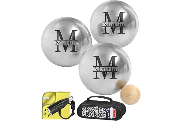 KDO MAGIC - Boule de pétanque personnalisée - Triplette 720g gravée - Pétanque Personnalisable - Lot de 3 Boules et 1 cochonnet - Idée Cadeau