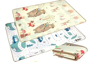 Humbi Mata do zabawy dla niemowląt, mata do raczkowania, pianka EPE, dwustronna, zwijana, zmywalna, bardzo duża, mata dla niemowląt, antypoślizgowa, 150 x 180 cm, misi, lisy i samochody