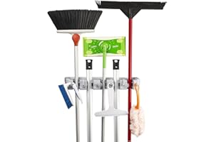 KINGTOP Broom Mop Holder, Wall Mounted Organizer with 5 Position 6 Hooks, Utility Room Storage Solutions for Kitchen, Bathroom, Garage and Garden