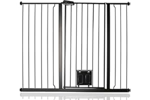 Bettacare Barrière pour Chien avec Chatière Verrouillable, 120.3cm - 127.9cm, Noir, Hauteur de 104cm, Barrière de Sécurité pour Animaux Extra Haute avec Chatière pour Chat