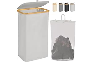 EDWINENE 110L Laundry Basket with Lid, Clothes Hampers for Laundry with Bamboo Handles and Removable Laundry Bag, Large Foldable Laundry Hamper for Bedroom, Bathroom, Dorm, Laundry Room (Light Grey）