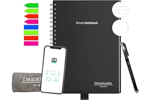 ‎DREIKLANG - BE SMART Dreiklang wiederverwendbares Notizbuch Schreibblock Planer, schwarz, DIN A 5, Focus Linien und Punktraster, mit iOS/Android App Cloud, wiederbeschreibbar, mit Stift, Haftnotizen und Mikrofasertuch
