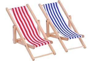 Bememo 2 Stück 1:12 Miniatur Faltbarer Hölzerner Strand Stuhl Liegestuhl Mini Möbel Zubehör mit Rot/Blau Streifen für Indoor Outdoor