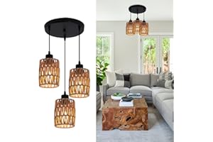 JIINOO Lampade A Sospensione In Rattan, illuminazione a sospensione bruno industriale, lampadario in vimini intrecciato regolabile, lampada da soffitto per sala da pranzo camera da letto, 3 luci