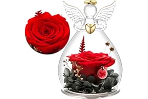 Yamonic Eternal Rose Gifts for Women on Christmas,Preserved Real Rose in Glass Angel Figurine Xmas Gifts for Mum, Birthday Gift for Her, Wife Gift for Anniversary, Angel Christmas for Mum Grandma