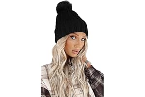 Flufymooz Beanie Wig, Hat Hair Extension Long Wavy Black Hat Wig with Faux Fur Pom, Attached 20 Inch Synthetic Hairpiece for Women Girls Winter (Light Blonde with White Blonde)