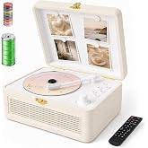 Kegaudio Portable Bluetooth CD Player with Speakers Radio PU White | CD Player with Remote Control Support USB/AUX Playback H