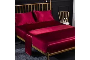 JEMIIPEE 4 Pezzi Completo Lenzuolo Letto Matrimoniale, 1 x Lenzuola Sotto con Angoli Tinta Unita 180x200 cm con 1 x Lenzuolo Piatto e 2 x Federe, Biancheria da Letto in Raso, Rosso Borgogna