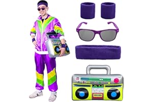 Alaiyaky 80s Shell Suit Costume, 80s Fancy Dress Men and Women, Fashion Retro Tracksuit with Glasses Headband Wristbands, 80s 90s Outfits Set for Carnival Parties Halloween