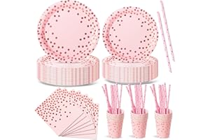 Nkaiso 120 Piezas Rosa y Rosaoro Vajilla Fiesta Cumpleaños, Platos y Vaso Cumpleaños Infantil, Juego de vajilla Fiestas Platos Desechable Servilletas para Party Decoración Baby Shower -24 Invitado