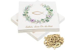 COMKRIVY 40 Stück Servietten und 45 Stück Fischdekoration aus Holz, 'Schön, dass du da bist!', Fisch-Tischdekoration für Taufe, Kommunion, Konfirmation oder andere festliche Anlässe, 33 x 33cm