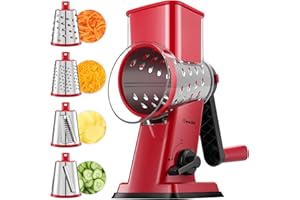 Geedel Cheese Grater, Vegetable Slicer with 4 Interchangeable Blades, Graters for Kitchen, Faster Cutting, Non-Slip Base, Rotary Drum Grater Ideal for Cheese, Cucumber, Carrot, Nuts, etc. Red