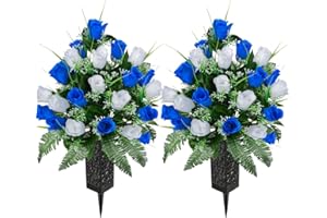 SIFOEL 2 Piezas de Flores Artificiales Cementerio con florero, Rosa Artificial Tumba Flores conmemorativas para la decoración de la lápida del Cementerio (Dark Blue&White-24T)