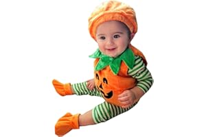 Carolilly 3 Pièces Ensemble Déguisement Halloween Nouveau-Né Bébé Fille Garçon Citrouille Costume Barboteuse Robe Chaussures Chapeau Tenue pour Bébé Unisexe 0-3 Ans