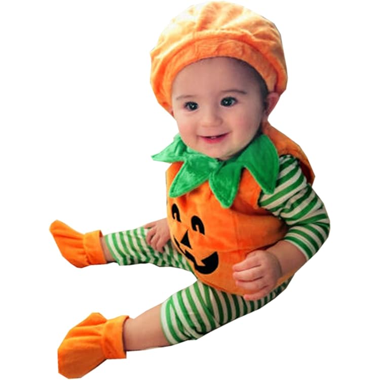 TenhCreek 2 Pièces Deguisement Halloween Bebe, Deguisement Citrouille Bebe, Déguisement Halloween Bébé Fille Garçon Cosplay, Costume Citrouille à Capuche Et Pantalon Rayé Pour Bébés De 0 à 24 Mois