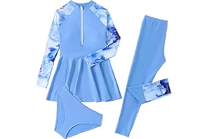 Odizli Burkini Swimwear for Girls Kids Modest Swimwear Long Sleeve Zip Up Top + Shorts + Pants Full Body Muslim Swimsuit