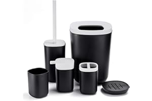 GERUIKE Bathroom Accessory Set 6 Pieces Plastic Bathroom Accessories Toilet Brush, Toothbrush Holder, Plastic Cup, Soap Dish, Trash Can, Lotion Dispenser (Black)