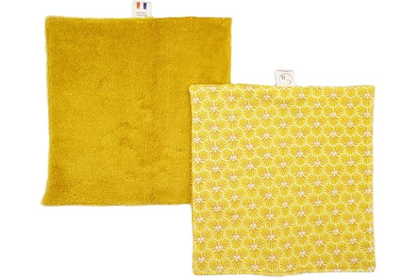 C de B Les cousettes de Bobinette - Lot de 2 Serviettes pour visage, skincare, éponge bambou extra douce et coton, 21 x 21 cm, fait main, fabrication française (Jaune Curcuma à motifs)