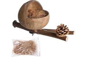 Shurzzesj Nid d'oiseau naturel en noix de coco - Nid d'oiseau de noix de coco naturelle - Hamac en noix de coco - Hamster - Nid d'oiseau suspendu - Boîtier en coco - Nid d'oiseau avec branches et noix