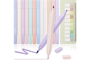 Tesmien Pastel Highlighters, 12 Pack Mild Colours Double Ended Square Highlighter Pens, Aesthetic Cute Markers No Bleed With Chisel Tip +10 color Sticky Notes for Bible, Notes, School (A)