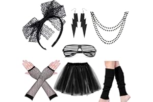 HOTSO 80s Fancy Dress Costume Accessories Women 1980s Fancy Party Accessories Set Neon Rainbow Tutu Skirt Leg Warmers Lace Bow Headband Earrings Fishnet Gloves Necklace Retro Sunglasses