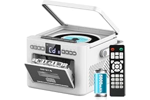Greadio Lettore CD portatile, Boombox con radio FM, Bluetooth 5.1, batteria ricaricabile da 5000 mAh, telecomando, AUX/USB/SD Card In, altoparlante da 5 W, schermo LED (bianco)