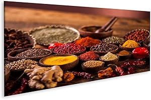 islandburner Tableau sur Toile Table Bois Épices Colorées Bols Indonésiens Traditionnels Orientaux Cadre Affiche Poster Murale Tableaux