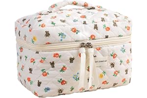 ZOUWEL Bolsa de maquillaje floral de algodón, bolsa de maquillaje acolchada estética, bolsa de maquillaje de gran capacidad, bolsa de cosméticos de viaje, Oso Beige, Lindo estilo retro