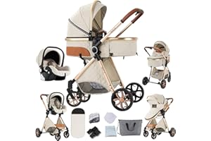 Veitoalioy Poussette 3 en 1, Haute vue Poussette Bebe Pliante, Poussette Poussant Avant Et Arrière En aluminium, Système De Voyage Pour Bébé (V9 Creamy White)