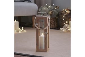 Lights4fun Lanterne en Bois de 34 cm avec Bougie LED à Piles avec Minuterie et Anse en Corde pour Déco Intérieur