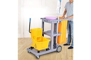 tonchean Carrello di pulizia su ruote, carrello commerciale per pulizie con sacchetto per rifiuti rimovibile, resistente, carrello per pulizie domestiche, grigio