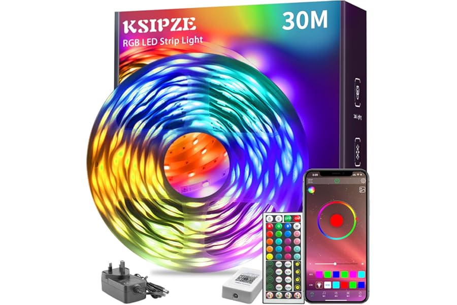 KSIPZE 30m Led Strip Lights RGB Music Sync Color Changing, Led Lights with Smart App Control Remote, Lights for Bedroom Lighting Flexible Home Decoration