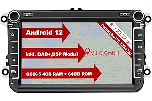 M.I.C. AV8V7 Android 12 Autoradio mit navi Qualcomm Snapdragon 665 4G+64G Ersatz für VW Golf t5 touran Passat RNS RCD Skoda SEAT: SIM DAB Plus Bluetooth 5.0 WiFi 2din 8" IPS Panzerglas Bildschirm USB