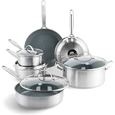 GreenPan Treviso Set of 10 Stainless Steel Pots and Pans with Non-Stick Ceramic Coating, Includes Saucepan and Pots, PFAS Fre