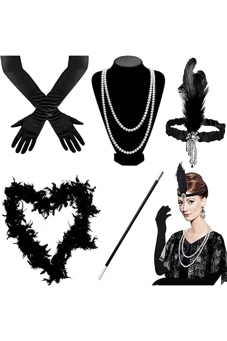 Set Accessori Anni 20 Gatsby - Collana Perle, Tiara, Bracciale, Orecchini E Guanti Lunghi Per Feste In Stile Vintage - Foto 10