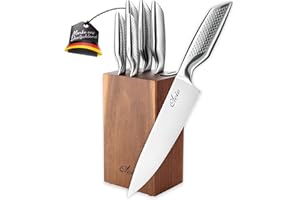 Oleio Maestro bloc à couteaux 5 pièces en acier inoxydable avec bloc en bois d’acacia et aiguiseur intégré | couteaux de cuisine professionnels pour viande, légumes et pain