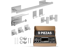 ORZAC®️ Accesorios Baño Sin Taladro - Set de 9 Piezas con Toalleros de Baño Sin Taladro, Colgadores Adhesivos Resistentes y Ganchos Adhesivos para Pared (PLATA)