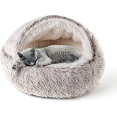 CATISM Donut Cave Bed with Hood for Cats, Plush 50 cm, Curry | Plush Donut Bed House, Washable, Warm &amp; Cosy, Enclosed Shelter