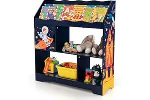 COSTWAY Kids Storage Unit, Toy and Book Organizer with Bookshelf, Cabinet, Storage Compartments, Multi-Functional Children Display Rack for Playroom, Kindergarten, Living Room (Blue)